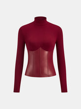 Faux Leather Corset Paneled Mock Neck Top